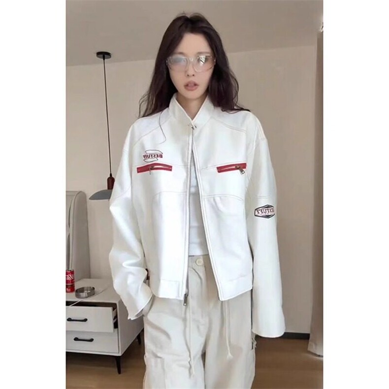 白色短款皮衣外套美式穿搭高级感机车夹克棒球服JK158特P67,男装夹克,星座908-1