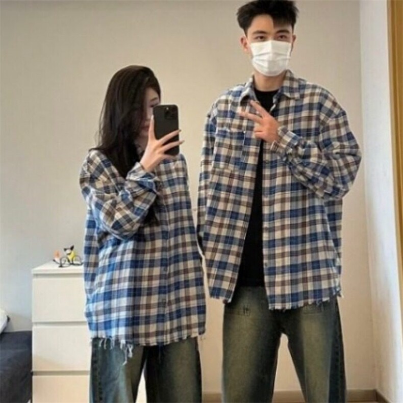美式复古春秋新款简约毛边蓝色条纹拼接衬衫外套男百搭休闲情侣款图片