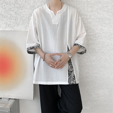 新中式短袖天丝亚麻T恤大码风民族风拼接棉麻半袖DX1223/P48，男装T恤，电商B238