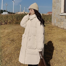 冬装奶黄色加厚中长款面包棉服，女装棉衣/棉服，菡迪欧娜