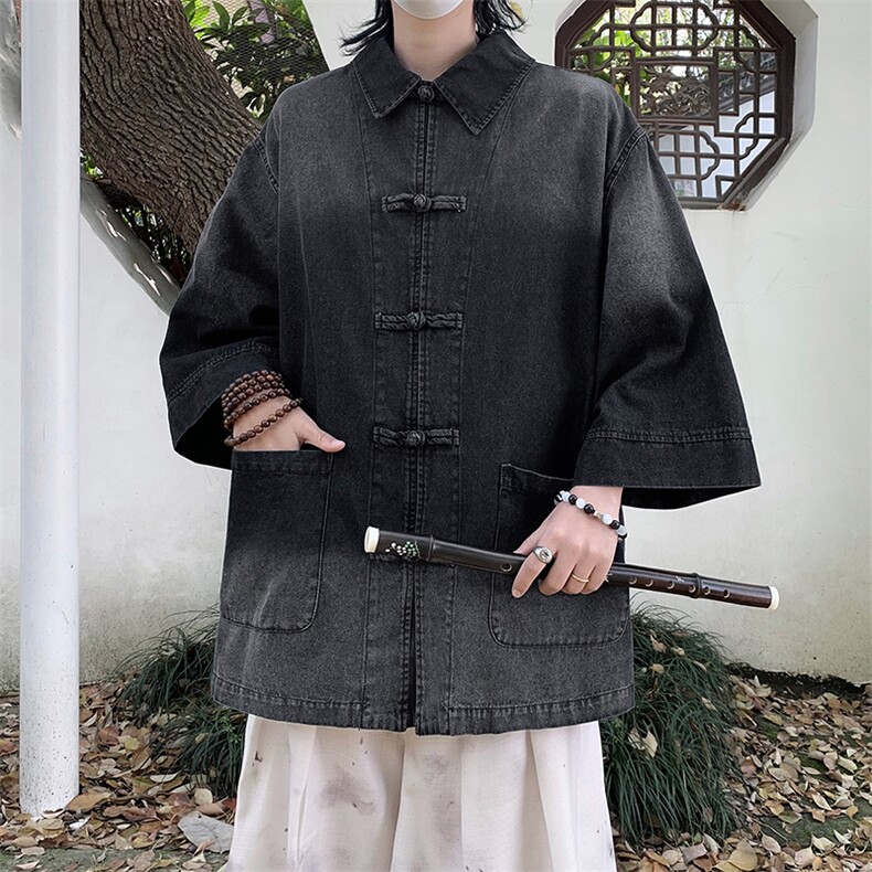 新中式渐变水洗复古盘扣水洗牛仔衬衫夏季薄款短袖衬衫,男装衬衫,星座410-7