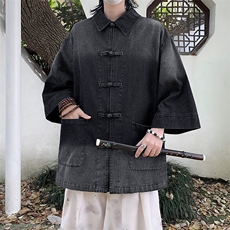 新中式渐变水洗复古盘扣水洗牛仔衬衫夏季薄款短袖衬衫，男装衬衫，星座410-7