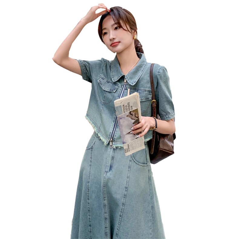 渐变色复古牛仔套装女2025夏季新款时髦洋气短袖上衣半身裙两件套,女装运动套装,浙宝285（原212）