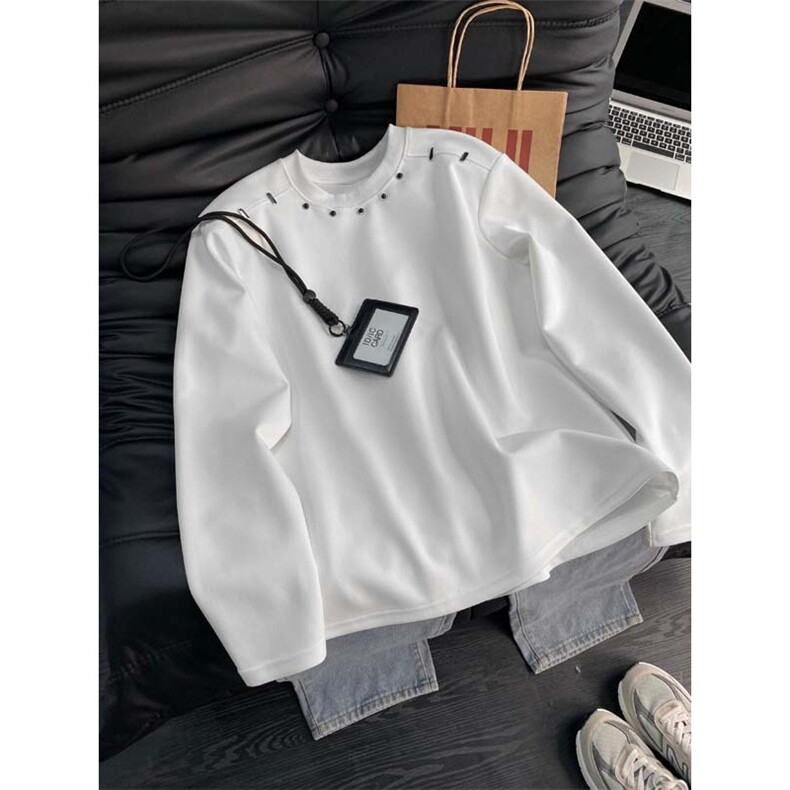 自家图高质量钉扣装饰长袖T恤黑色白色M到3XLXZ212-QWT318-P45，男装T恤，星座212