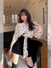 现货碎花领带甜美衬衫，女装衬衫，AT(2F)