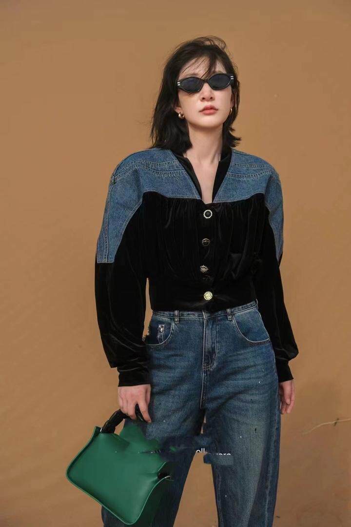 牛仔拼接金丝绒外套，其它，转角爱尚