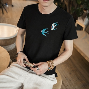 2021夏季新款男装 原创设计圆领刺绣T恤中国风双飞燕短袖 G53-P55图片