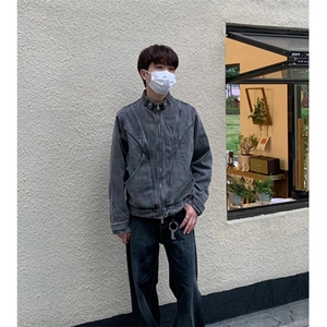 复古活页水洗牛仔夹克男简约拼接裁剪立领外套春秋冬 J29图片