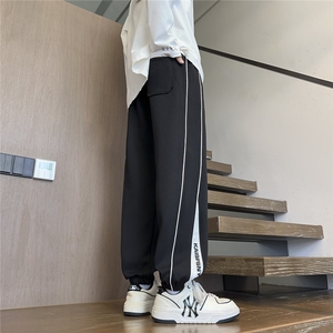 白花灰港风卫裤男秋季设计感潮牌拼接束脚裤子春秋大码宽松休闲裤图片