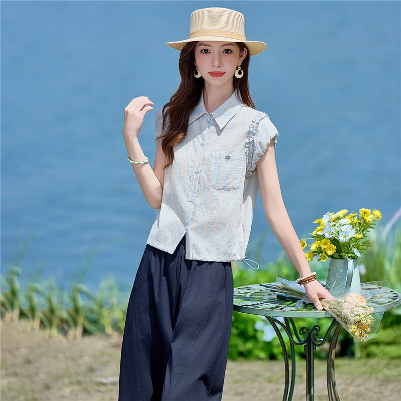 2026年夏季新款木耳边甜美衬衫阔腿裤两件套套装女,女装套装/套裙,依路服饰