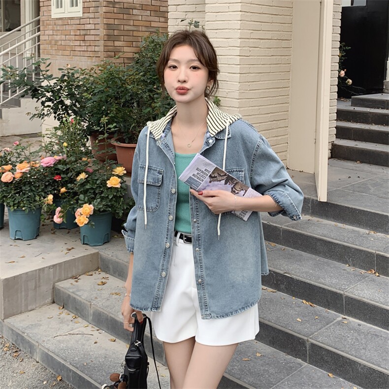 正品女装官方夏2025春季新款休闲百搭上衣复古可脱卸帽女士牛,女装短外套,豆豆家