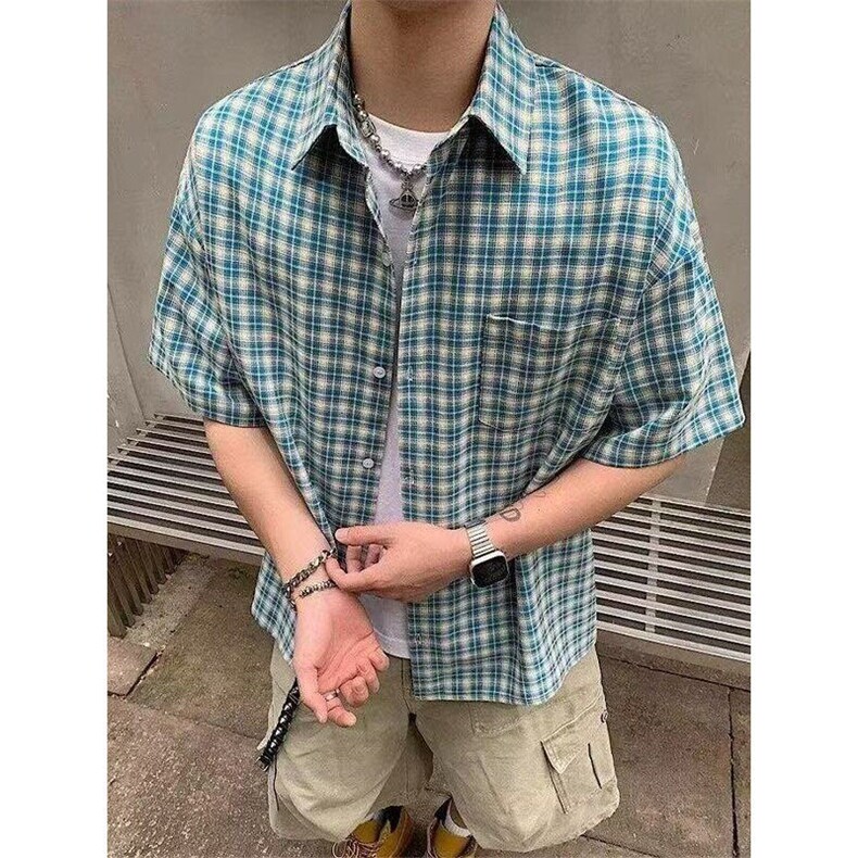 夏季2025新款美式格子短袖衬衫男款宽松防晒衬衣外套CS50,男装衬衫,星座1116A（原606A-3）