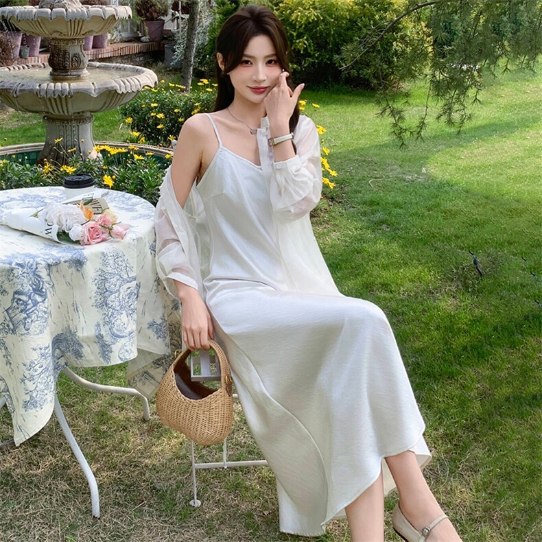 高端时尚套装裙女2026夏季新款洋气宽松系带收腰小衫吊带裙两件套,女装连衣裙,心心服饰