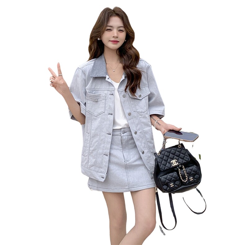 休闲复古牛仔衬衫套装裙女夏季2025年新款韩版小个子半身裙两件套,女装套装/套裙,浙宝276（原081）