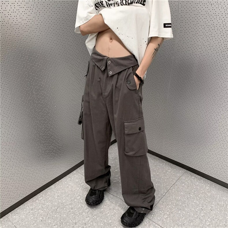 街头排扣多口袋翻盖腰头工装裤男女夏季设计感直筒休闲裤子~MK188,男装休闲裤,星座601-2