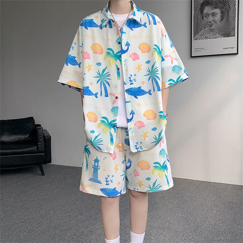 TZ1149-特48控88多色海滩冰丝凉感大码套装衬衫速干运动两件套,男装休闲套装,电商A059