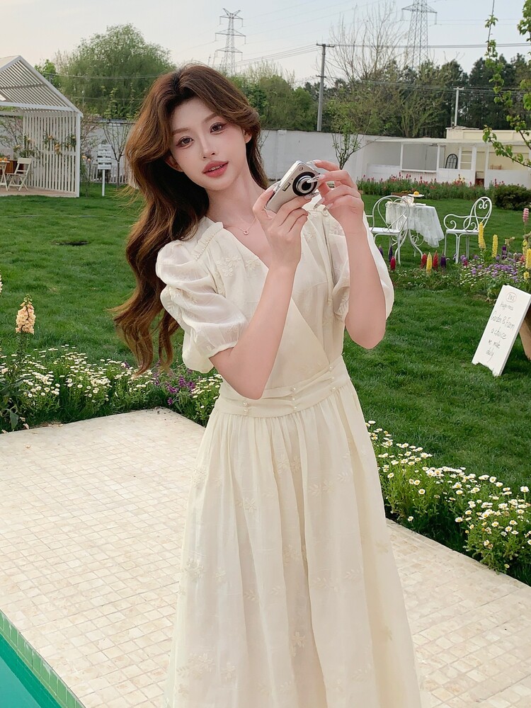 夏季新品！珍珠刺绣度假风连衣裙85109白-208A-P140-K250,女装连衣裙,浙宝208A