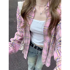 森系甜美粉色格纹衬衫女早秋中厚宽松休闲显瘦中长款衬衣外穿开衫，男装衬衫，星座1210-1
