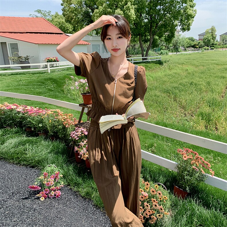 休闲时尚套装女2025夏季新款泡泡袖短袖V领上衣阔腿裤气质两件套,女装套装/套裙,2C129