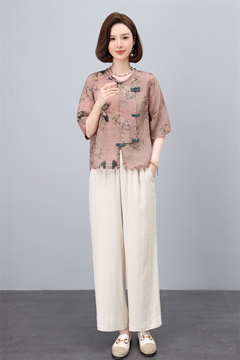 中式复古盘扣苎麻印花2025年夏装新款高端面料套装,女装套装/套裙,凝聚力