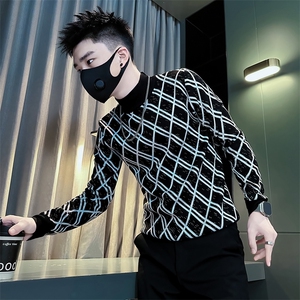 痞帅炸街男士半高领套头格子毛衣社会小伙店主风301C-M77P78控108图片