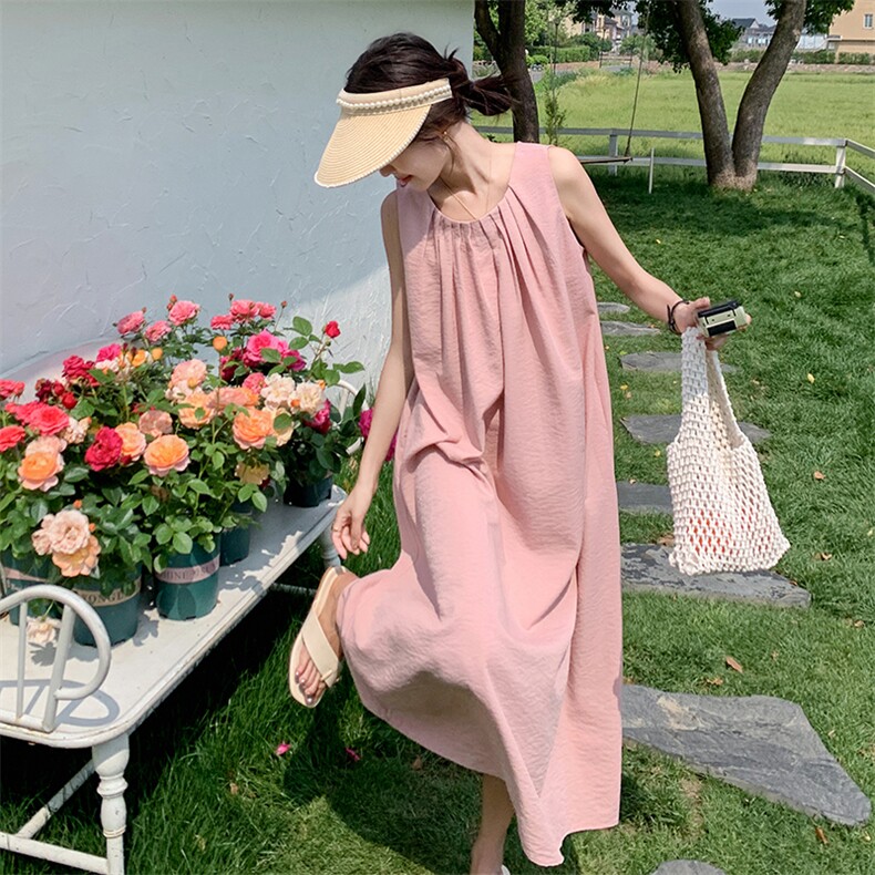 粉色法式夏天连衣裙女2025新款甜美露背孕妇宽松小众高级感背心裙,女装连衣裙,2C050