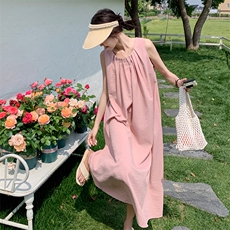 粉色法式夏天连衣裙女2025新款甜美露背孕妇宽松小众高级感背心裙，女装连衣裙，2C050
