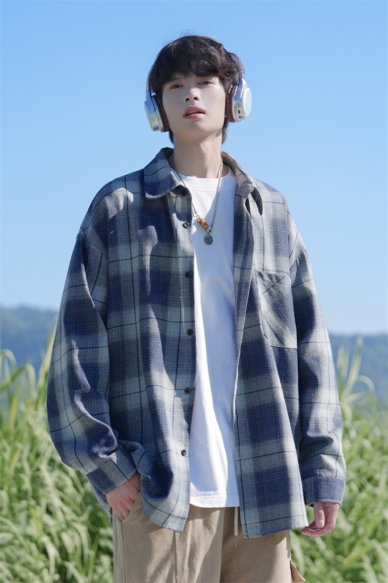 特批P40无差价2025秋季新款百搭复古格子大码长袖衬衫外套男C5538,男装衬衫,电商A001