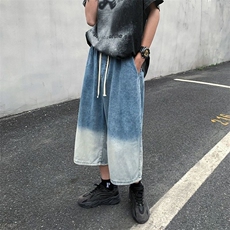 渐变牛仔短裤潮牌男夏季薄款宽松直筒七分短裤港风百搭八分阔腿裤，男装牛仔裤，星座813-3