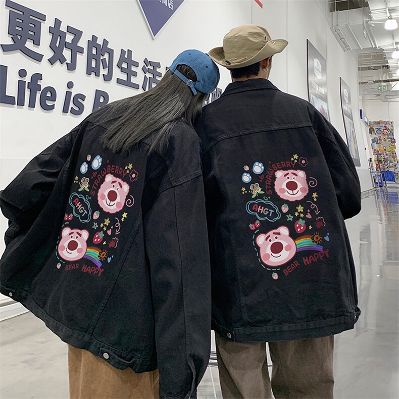 2025春季港风大码草莓熊印花情侣牛仔夹克外套男JK559-P6588,男装夹克,星座912-1（原星座914-5）