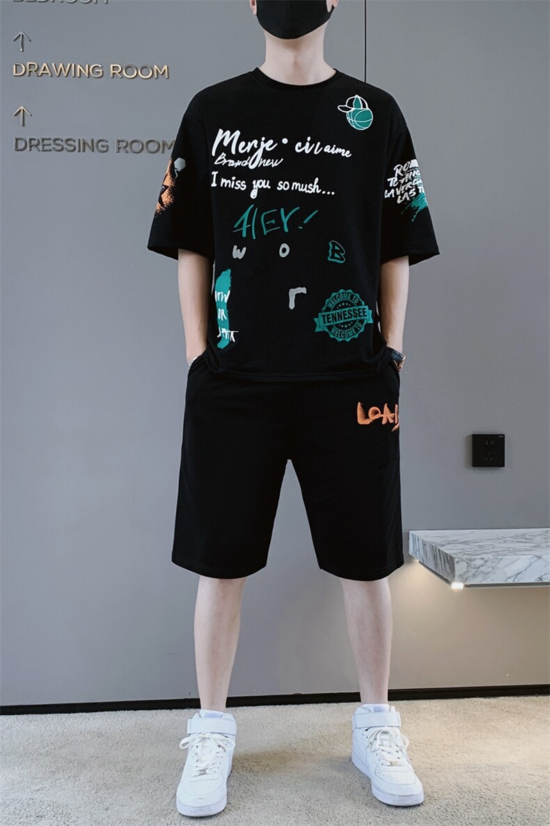 夏季新款短袖T恤套装两件套青少年宽松韩版潮流男装F310P58,男装休闲套装,电商A086