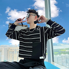 AW213/P78控108秋季社会小伙拼接撞色设计感韩版打底卫衣男黑首，男装T恤，星座305B-1