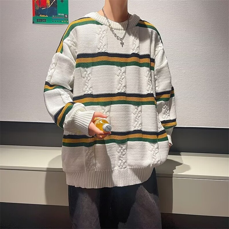 复古条纹圆领毛衣男春秋宽松麻花针织上衣时尚风气质百搭7305/P45,男装针织衫/毛衣,星座506