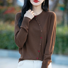 春秋款精纺羊毛开衫女圆领彩扣针织毛衣外套休闲气质宽松外搭上衣，女装羊毛衫，片语羊绒