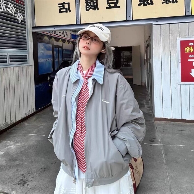 假两件工装外套美式覆古棒球服早春季宽松设计感飞行夹克女潮ins图片