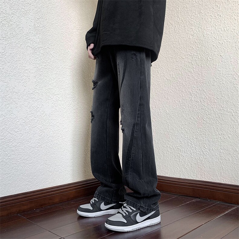 B221美式ins高街小众男女个性款微喇破洞牛仔裤LK23001-P65控88,男装牛仔裤,电商B221