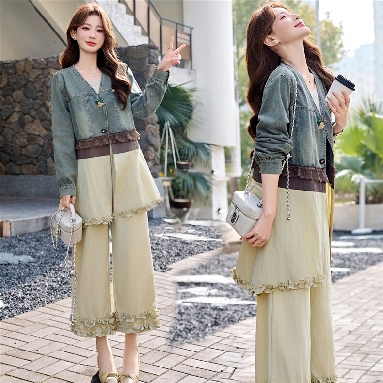 轻熟牛仔阔腿裤套装女春夏薄款设计感两件套休闲穿搭，女装套装/套裙，欣品汇