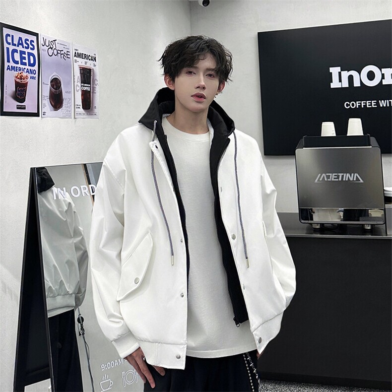 现货2025春季新款假两件连帽夹克外套美式潮男休闲上衣夹克P75，男装夹克，电商B319