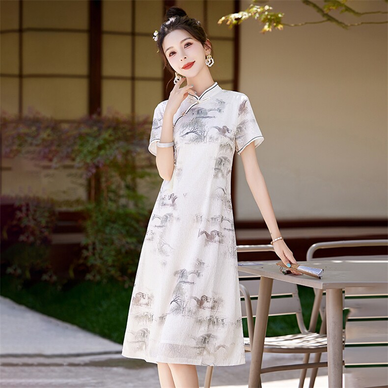 新中式素雅水墨印花连衣裙女2024夏季新款小个子修身国风旗袍裙子,女装连衣裙,艾仟回(原伊仟回)