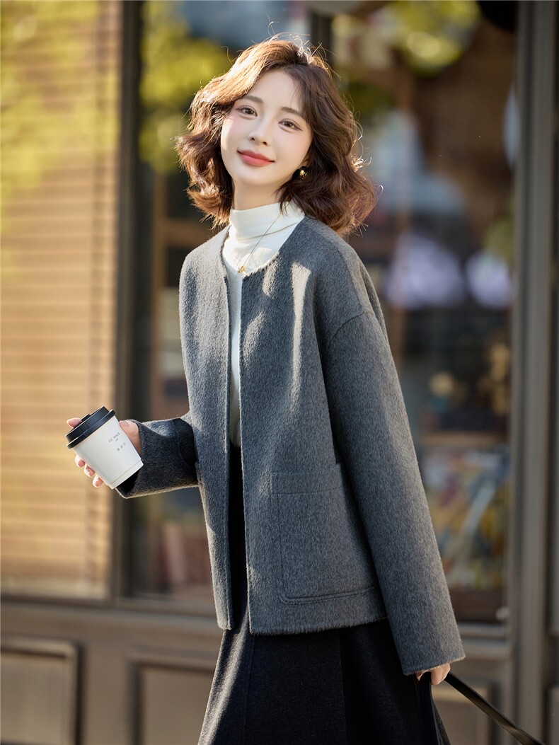 极简风百搭灰色双面呢羊毛外套女2025秋冬新款高级感气质毛呢大衣,女装双面呢大衣,沁沁公主