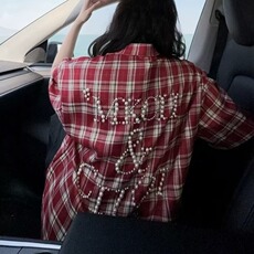 美式复古钉珠格子短袖衬衫男女高街夏季宽松情侣设计感珍珠衬衣潮，男装衬衫，星座1210-1