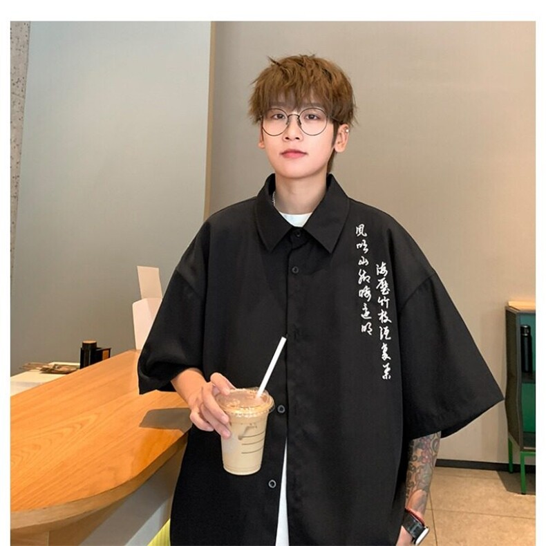 黑色新中式男装风衬衫短袖男夏季短袖薄,男装衬衫,星座218-1（原230）