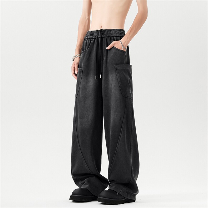 水洗做旧卫裤男秋冬季美式高街重磅解构宽松直筒运动裤阔腿休闲裤，男装休闲裤，电商B258