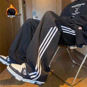 三条杠运动裤男2025秋冬新款高腰休闲直筒冬季加绒加厚美式阔腿裤图片