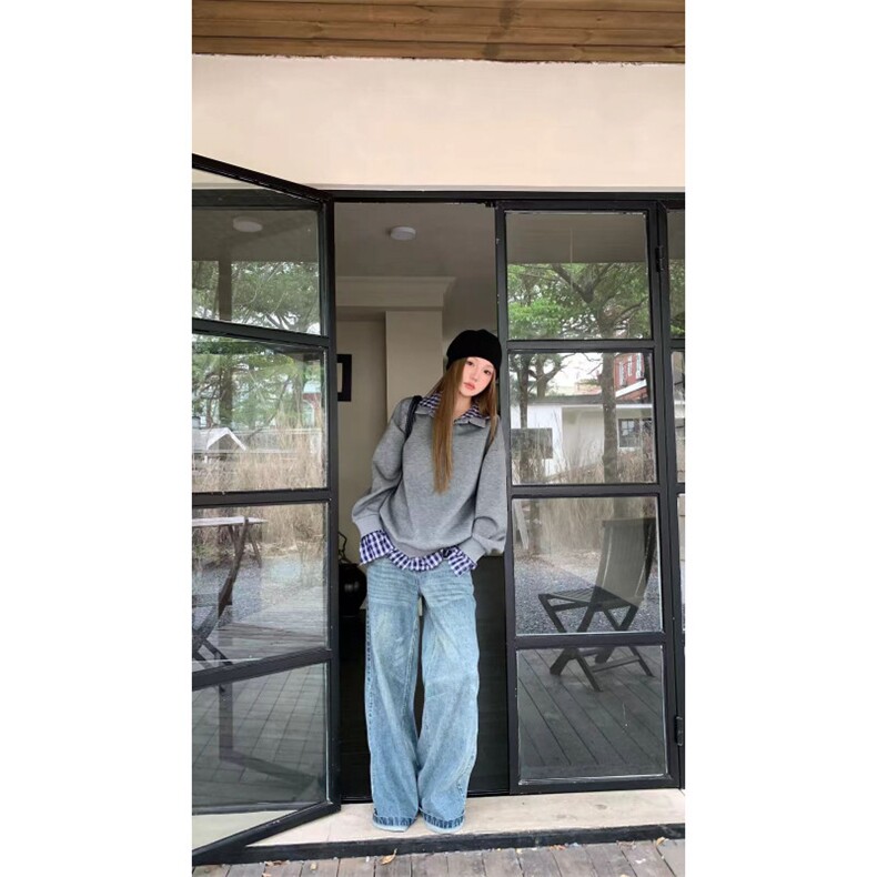 QC041-P65假两件复古格子翻领长袖T恤女秋季设计感宽松上衣,女装卫衣/绒衫,星座617A-2
