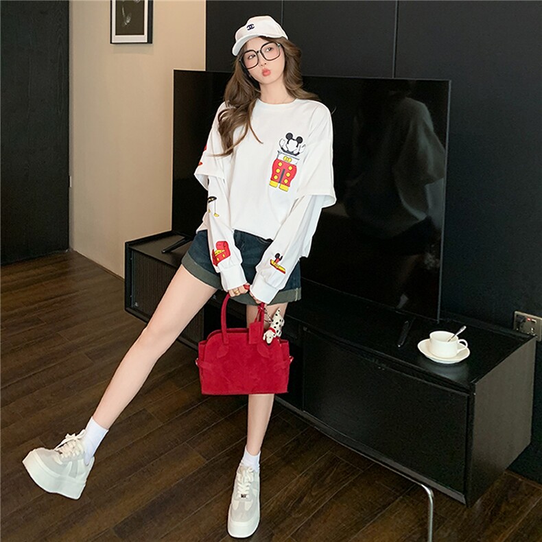 潮流休闲时尚运动套装女早秋新款圆领卡通印花上衣牛仔短裤两件套图片