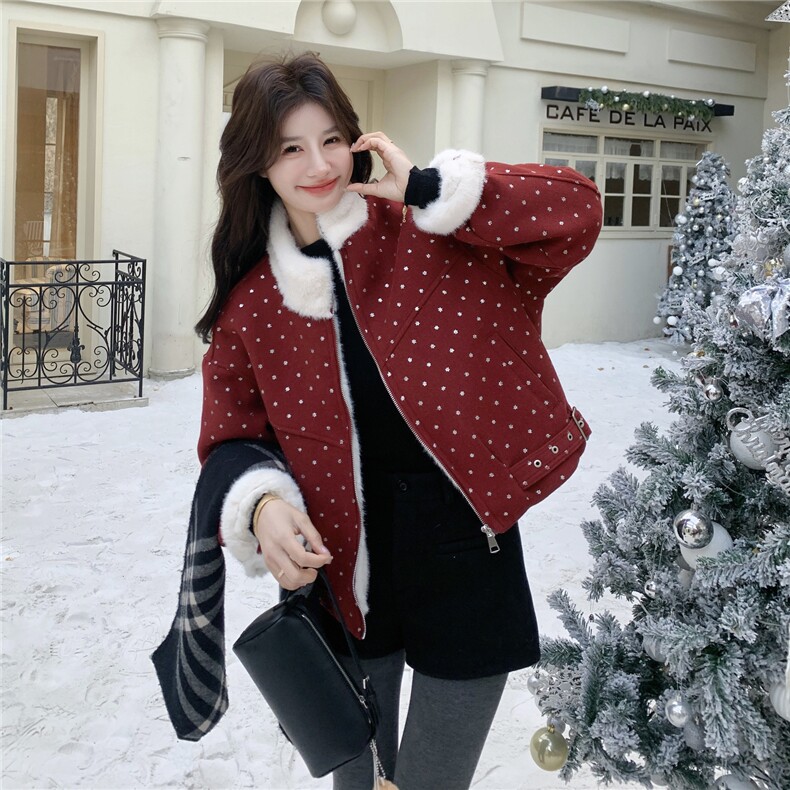 红色波点毛绒拼接毛呢外套女2025冬季新款韩系超好看减龄呢子上衣,女装派克服,2C056
