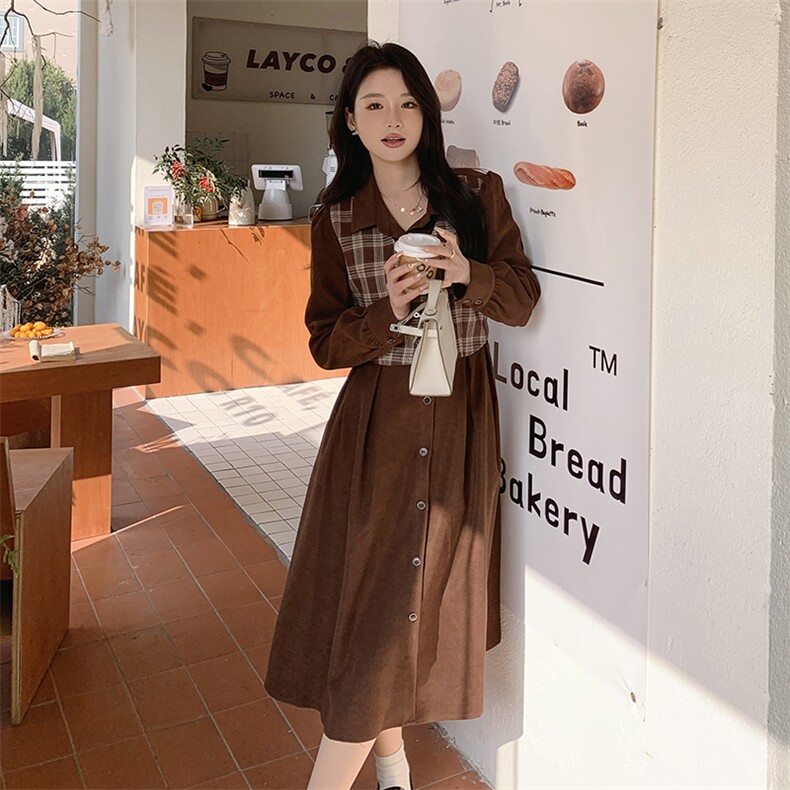 2024春装新款甜美设计感格纹假两件连衣裙P115K175,女装连衣裙,沫晗依美服饰