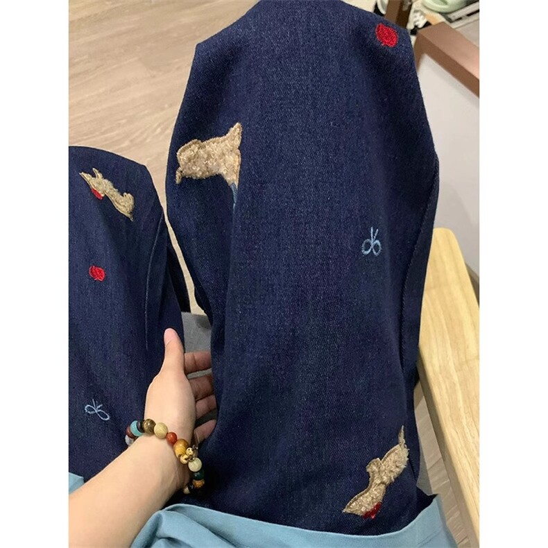 AK2117-P55美式复古小狗贴布刺绣宽松休闲阔腿牛仔裤,女装休闲裤,星座617A-2