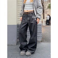 原创印花丹宁黑色加绒牛仔裤男女2026新款直筒休闲宽松长裤NN017，男装牛仔裤，星座516A